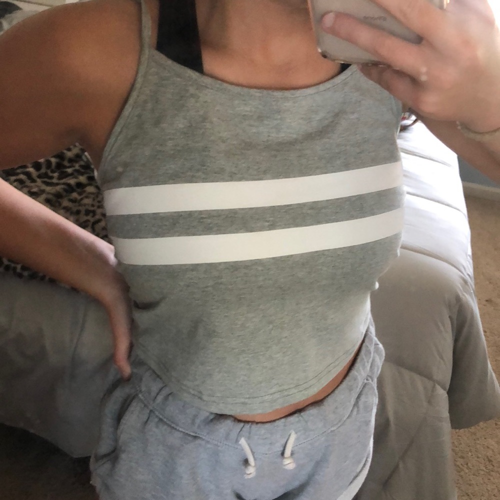 Grey tank top with white stripes